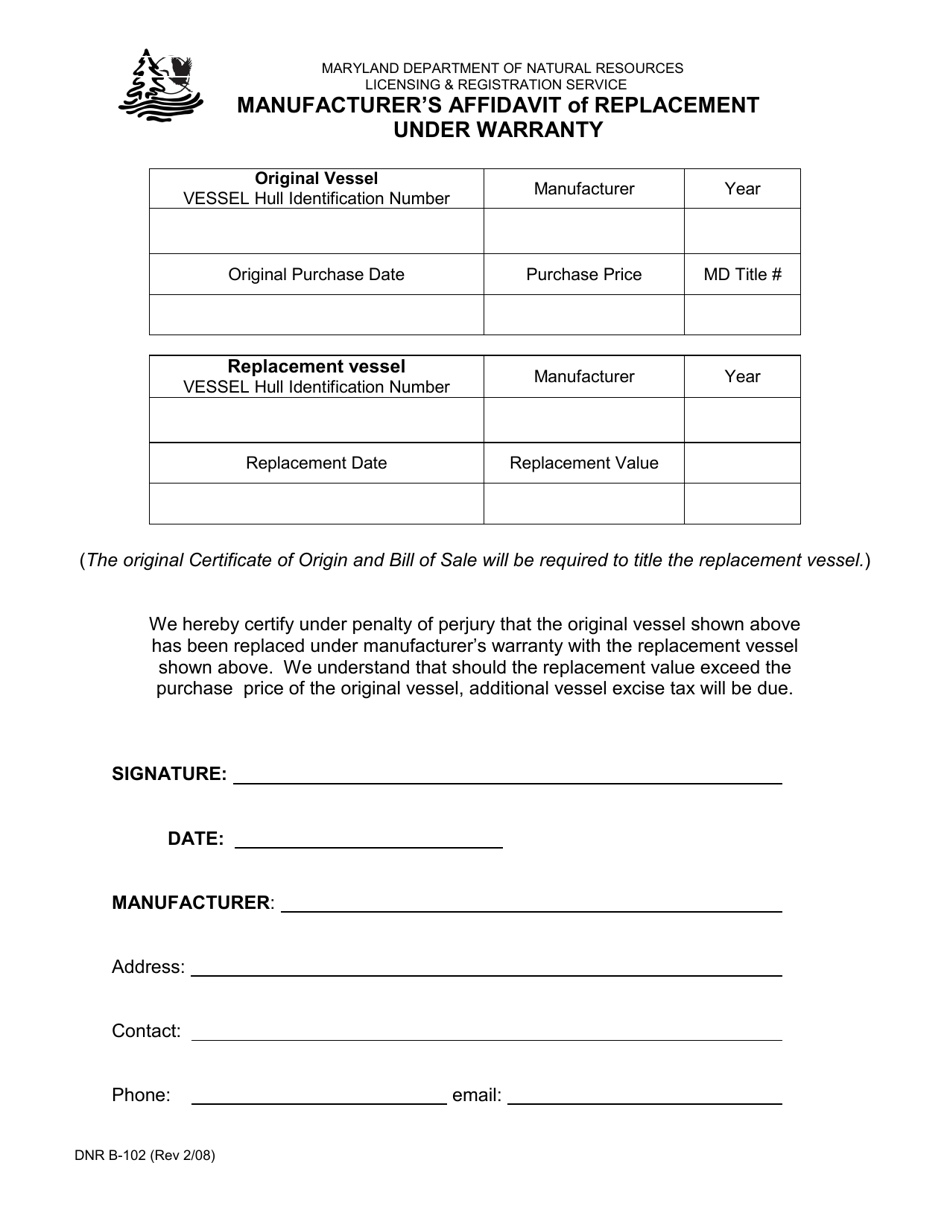DNR Form B-102 Manufacturers Affidavit of Replacement Under Warranty - Maryland, Page 1