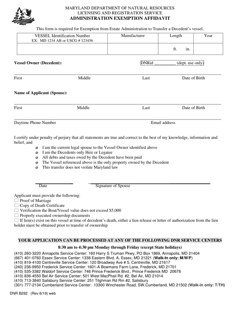 DNR Form B292  Printable Pdf