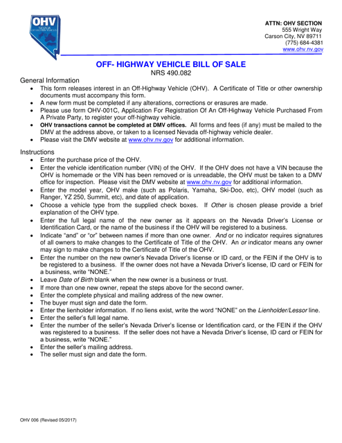 Form OHV006 Off- Highway Vehicle Bill of Sale - Nevada