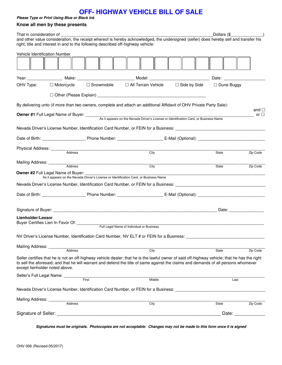 Form OHV006 - Fill Out, Sign Online and Download Fillable PDF, Nevada ...