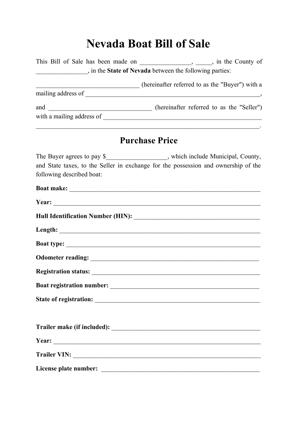 Boat Bill of Sale Form - Nevada, Page 1