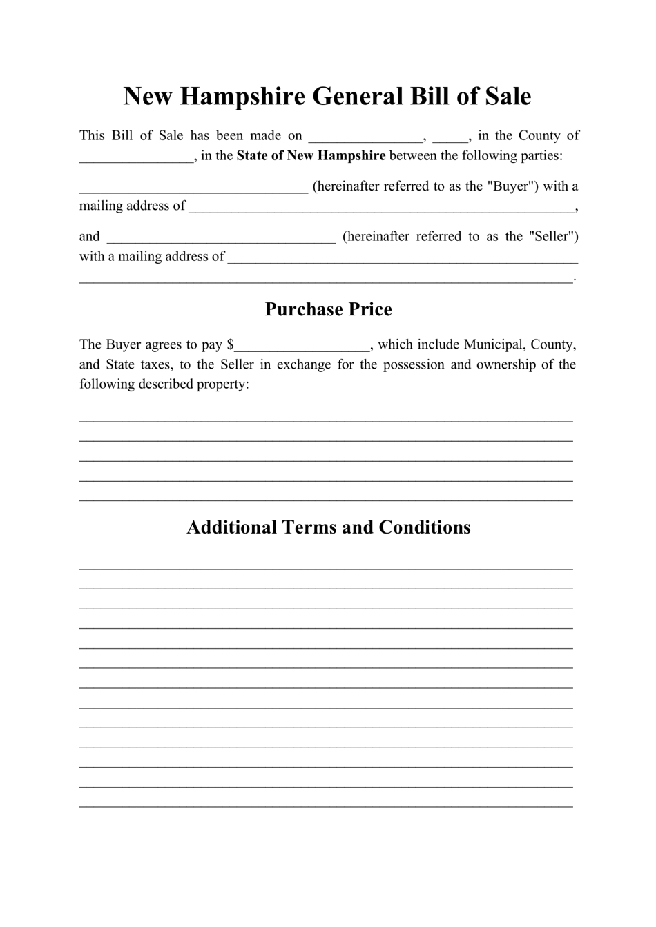 new hampshire generic bill of sale form download printable pdf templateroller