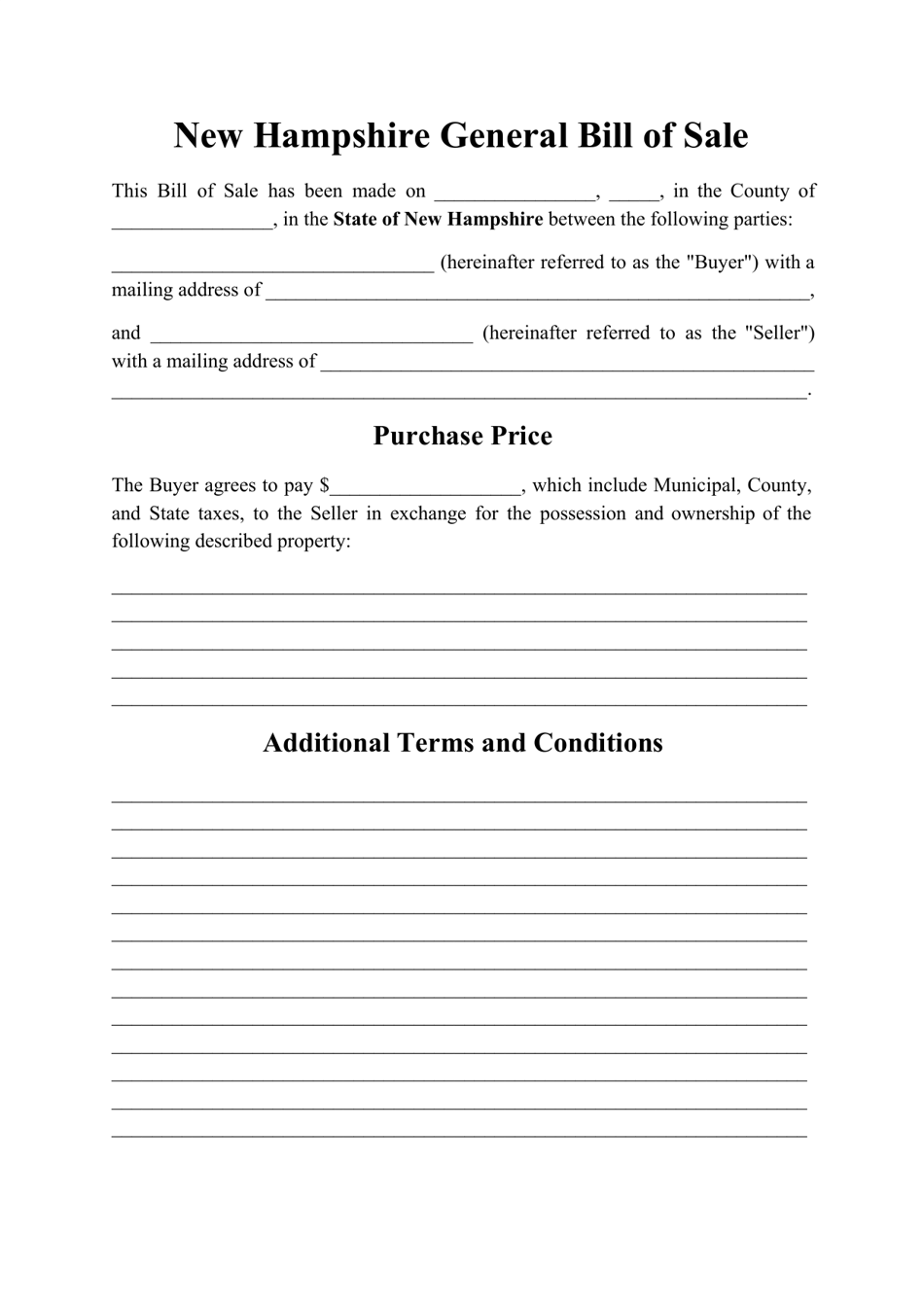 Generic Bill of Sale Form - New Hampshire, Page 1