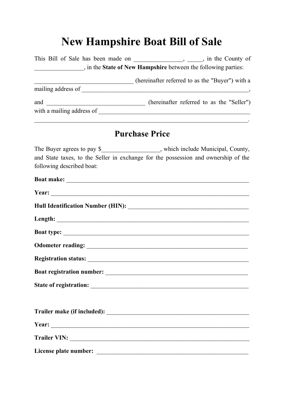 Boat Bill of Sale Form - New Hampshire, Page 1