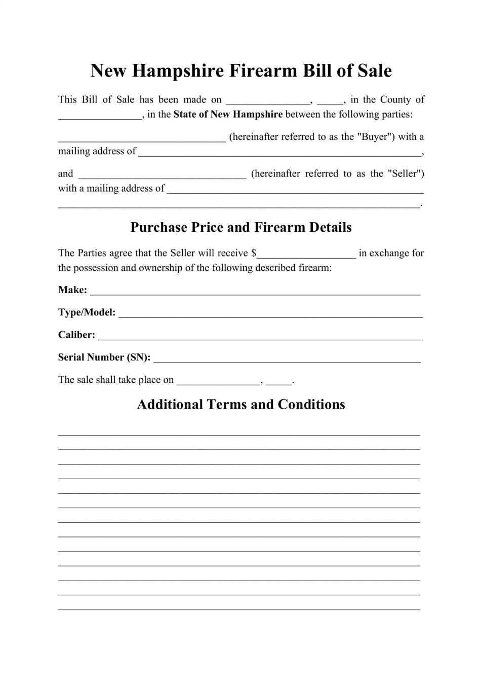 Firearm Bill of Sale Form - New Hampshire, Page 1