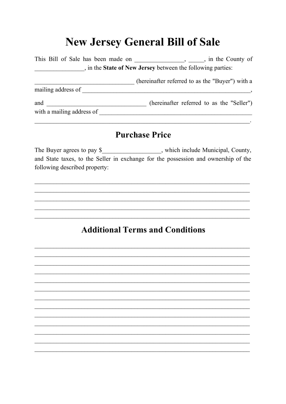 Generic Bill of Sale Form - New Jersey, Page 1