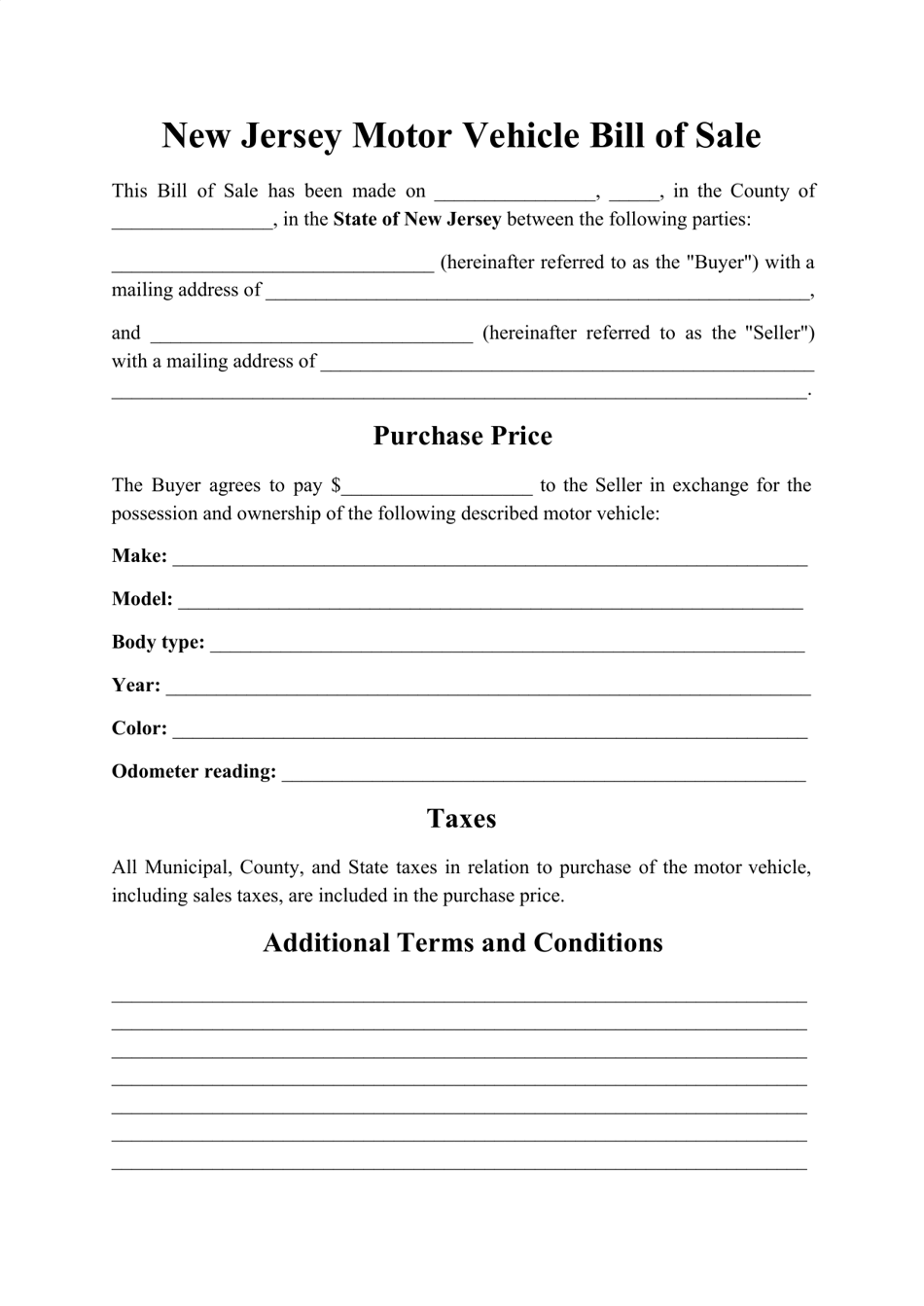Motor Vehicle Bill of Sale Form - New Jersey, Page 1