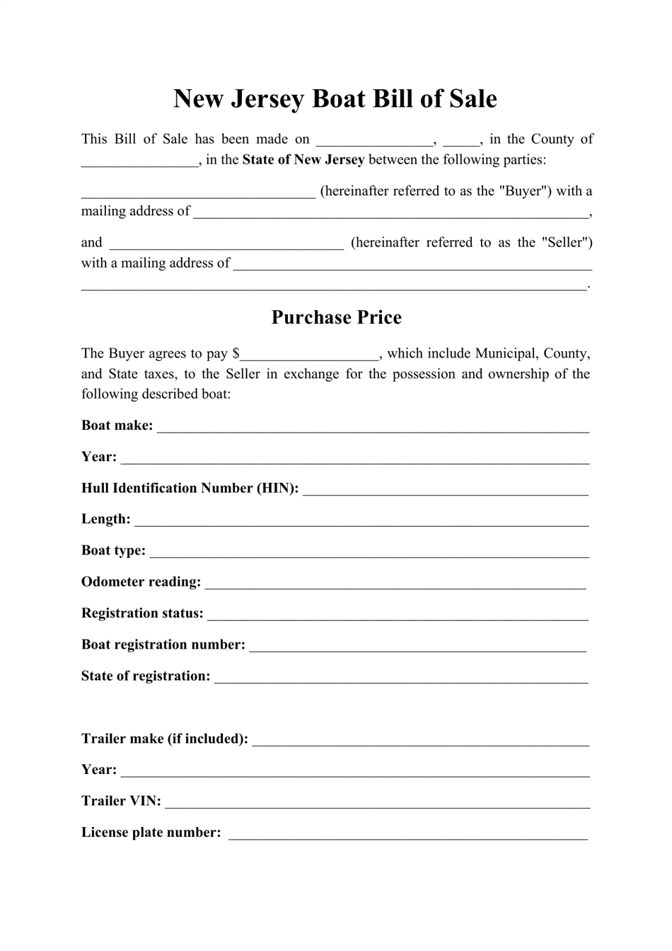 Boat Bill of Sale Form - New Jersey, Page 1