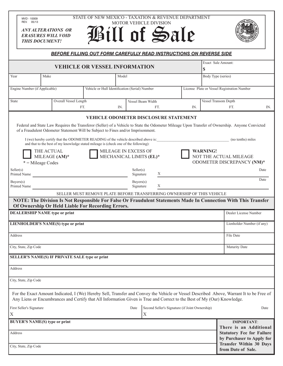 Form MVD-10009 Bill of Sale for Vehicle or Vessel - New Mexico, Page 1