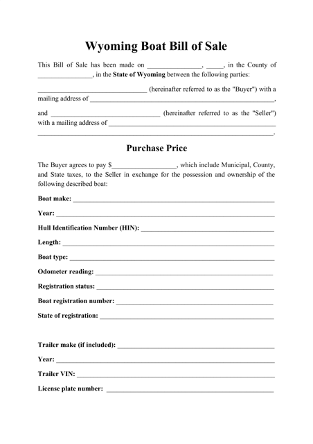 Boat Bill of Sale Form - Wyoming Download Pdf