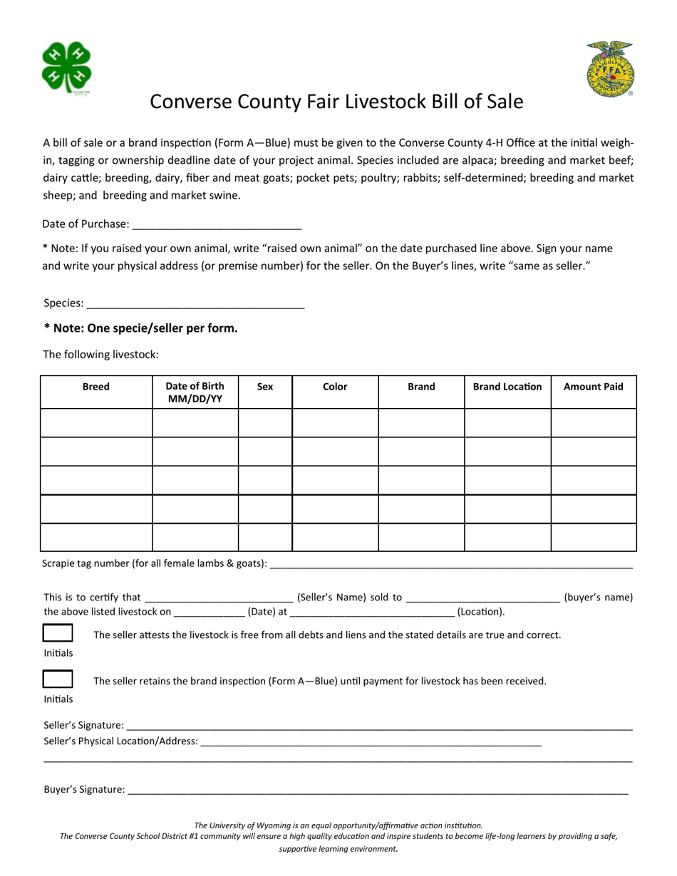 Fair Livestock Bill of Sale - Converse County, Wyoming, Page 1
