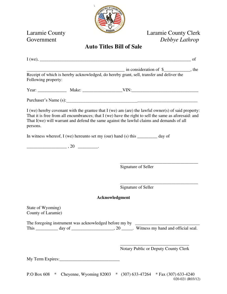 Auto Titles Bill of Sale - Laramie County, Wyoming, Page 1