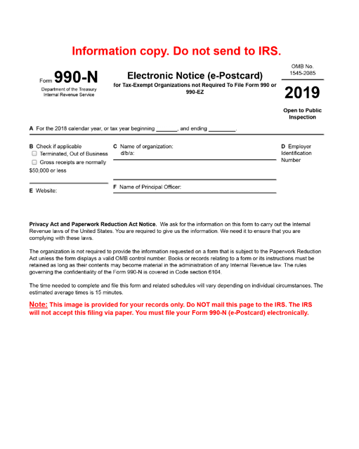 IRS Form 990-N Electronic Notice (E-Postcard), 2019