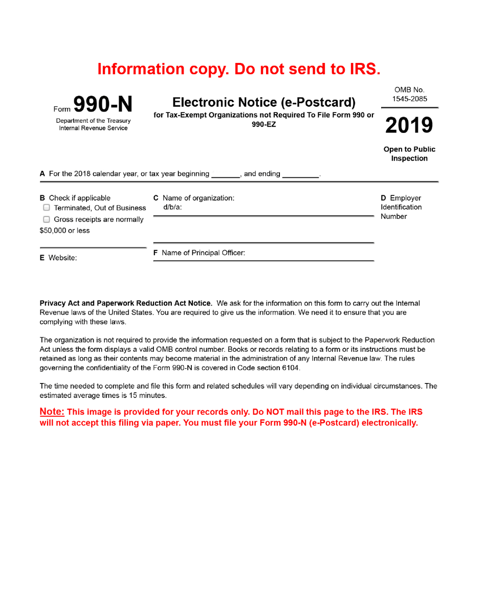 IRS Form 990-N Electronic Notice (E-Postcard), Page 1