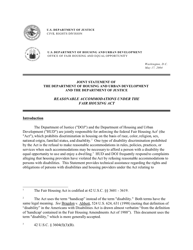 Document preview: Reasonable Accommodations Under the Fair Housing Act - Joint Statement of the Department of Housing and Urban Development and the Department of Justice