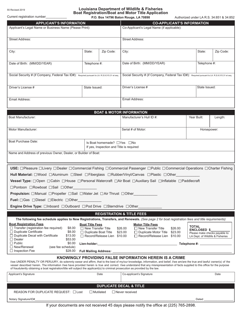 Boat Registration / Boat and Motor Title Application - Louisiana, Page 1