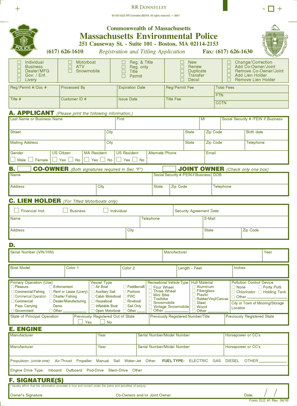 Form ELE#1 Registration and Titling Application - Massachusetts, Page 1