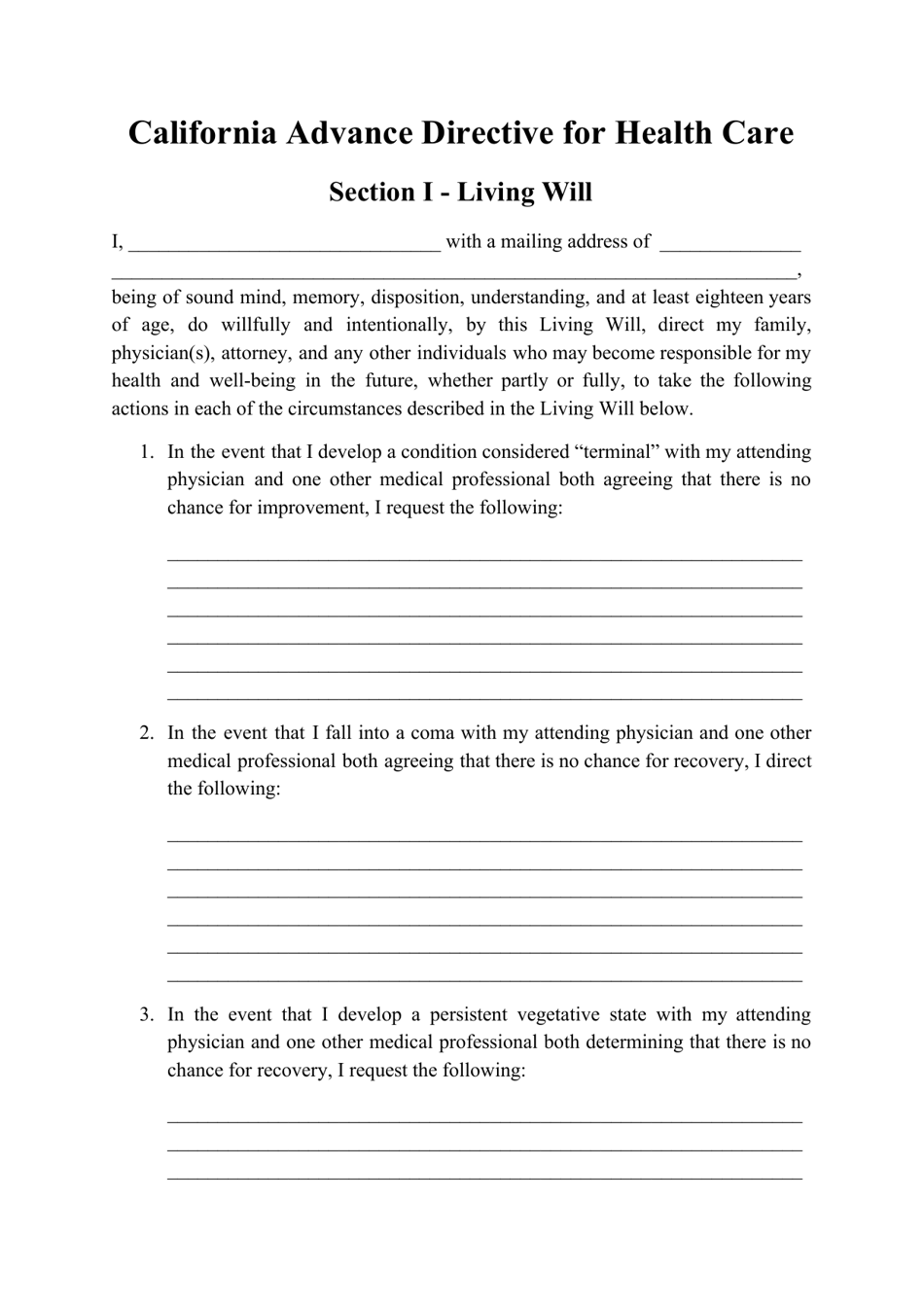 Advance Directive for Health Care Form - California, Page 1