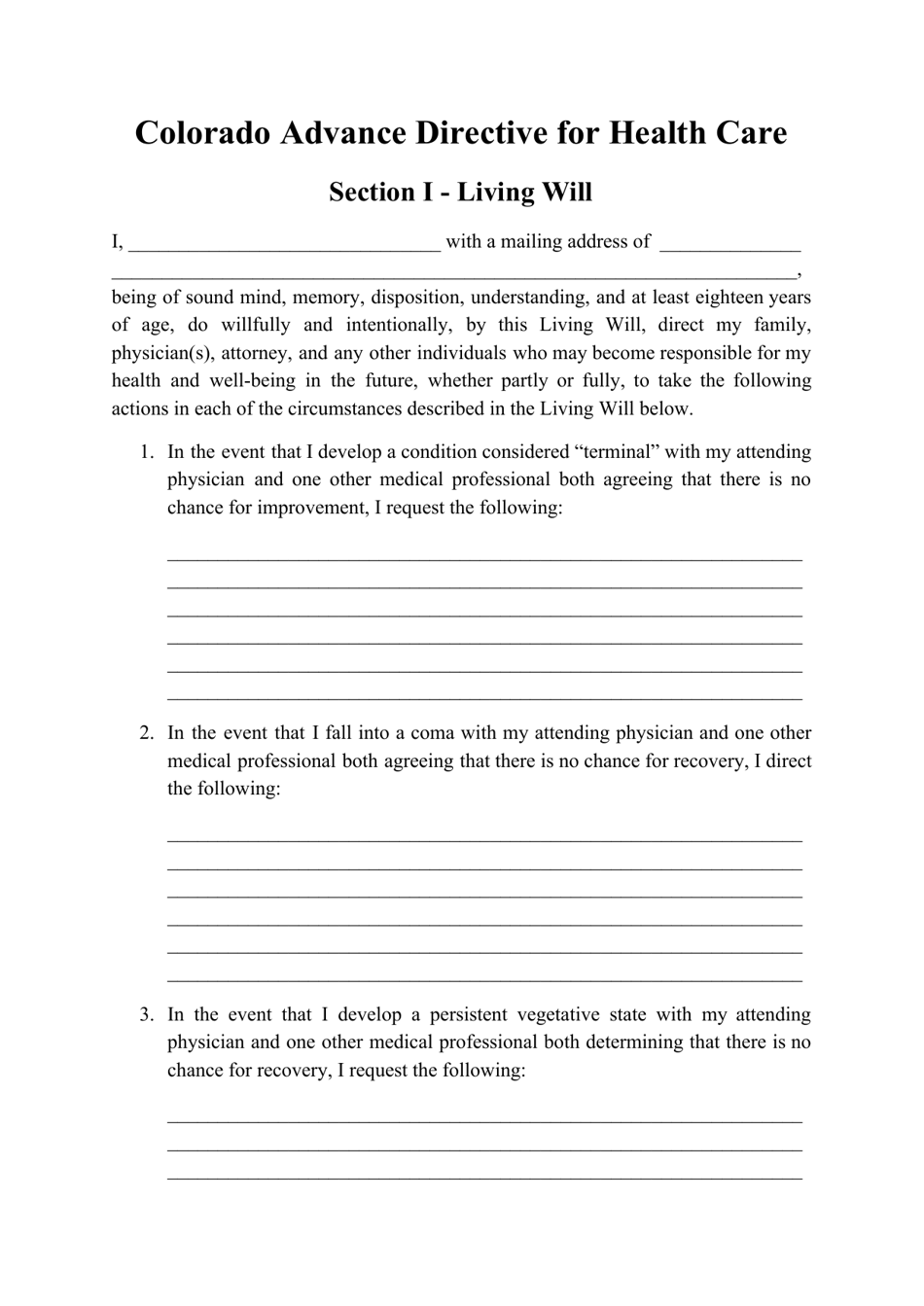 Advance Directive for Health Care Form - Colorado, Page 1