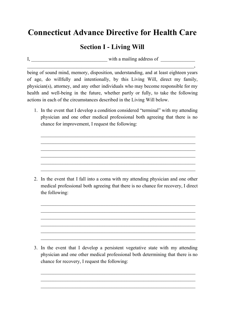 Advance Directive for Health Care Form - Connecticut, Page 1
