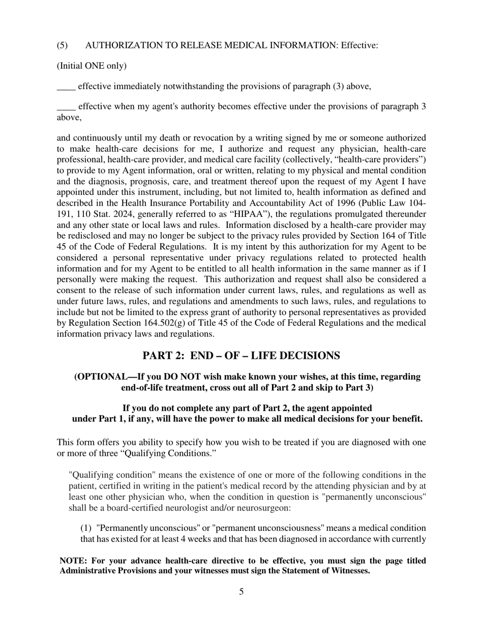 Advance Directive for Health Care Form - Delaware, Page 5