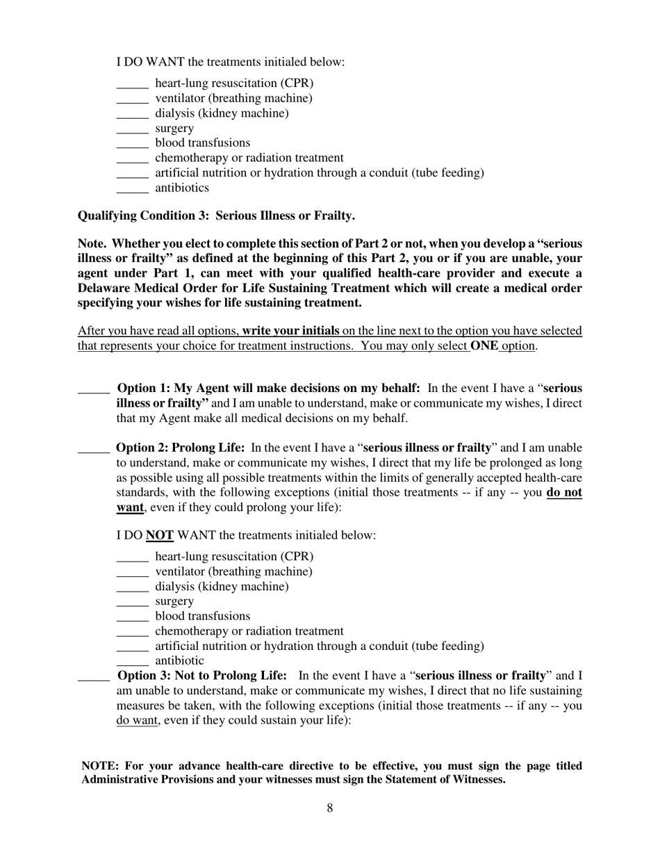 Advance Directive for Health Care Form - Delaware, Page 8