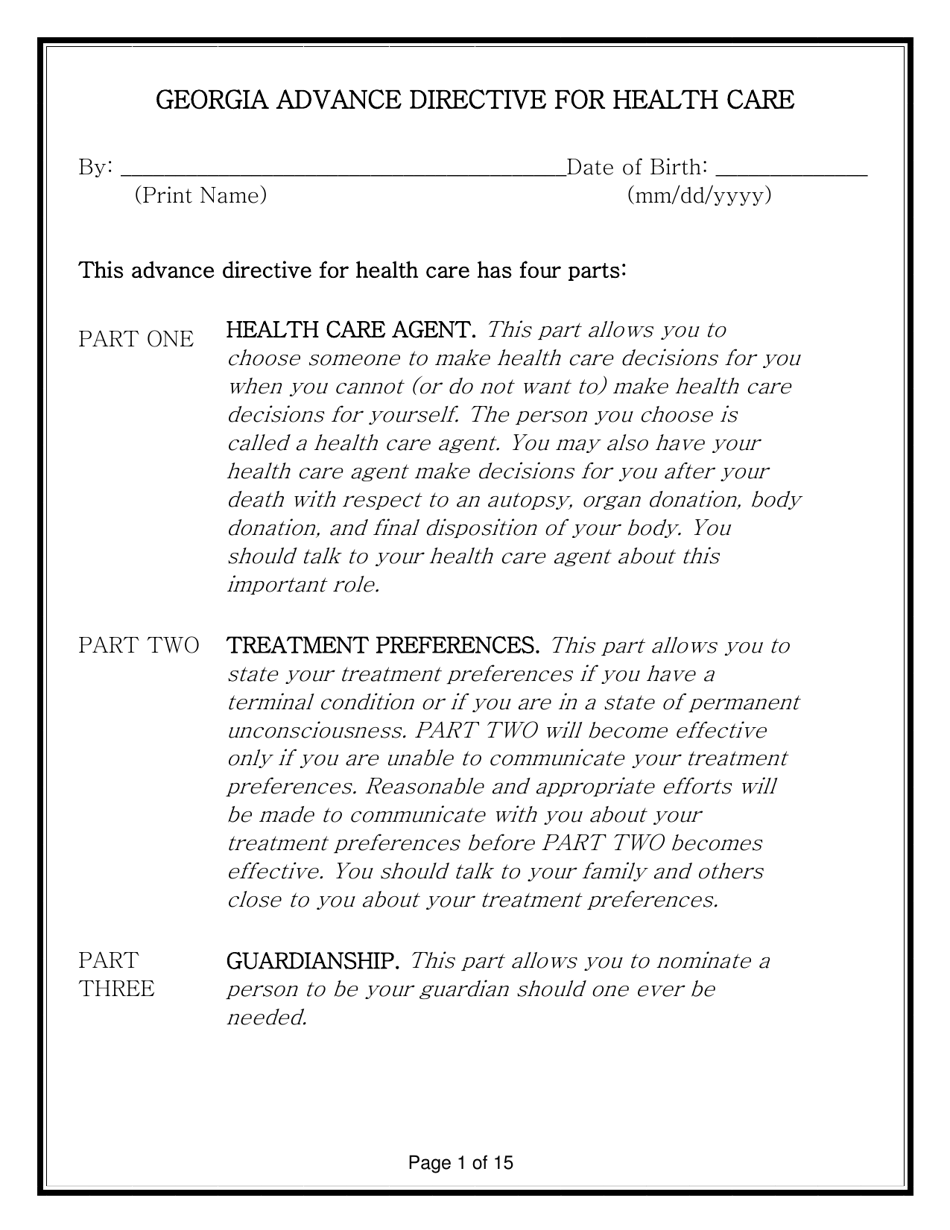 Advance Directive for Health Care Form - Georgia (United States), Page 15