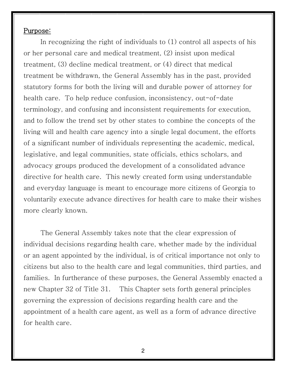 Advance Directive for Health Care Form - Georgia (United States), Page 2