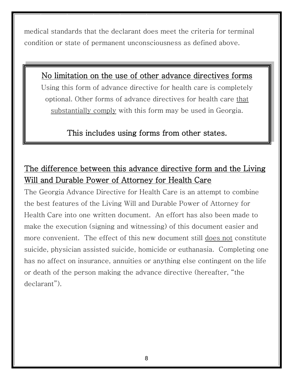 Advance Directive for Health Care Form - Georgia (United States), Page 8