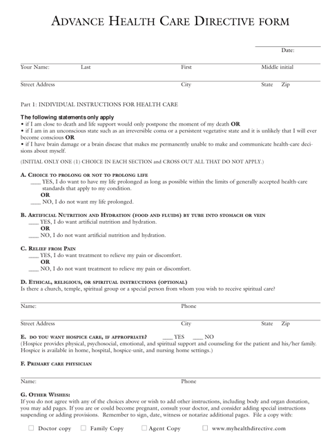 Advance Directive for Health Care Form - Hawaii Download Pdf