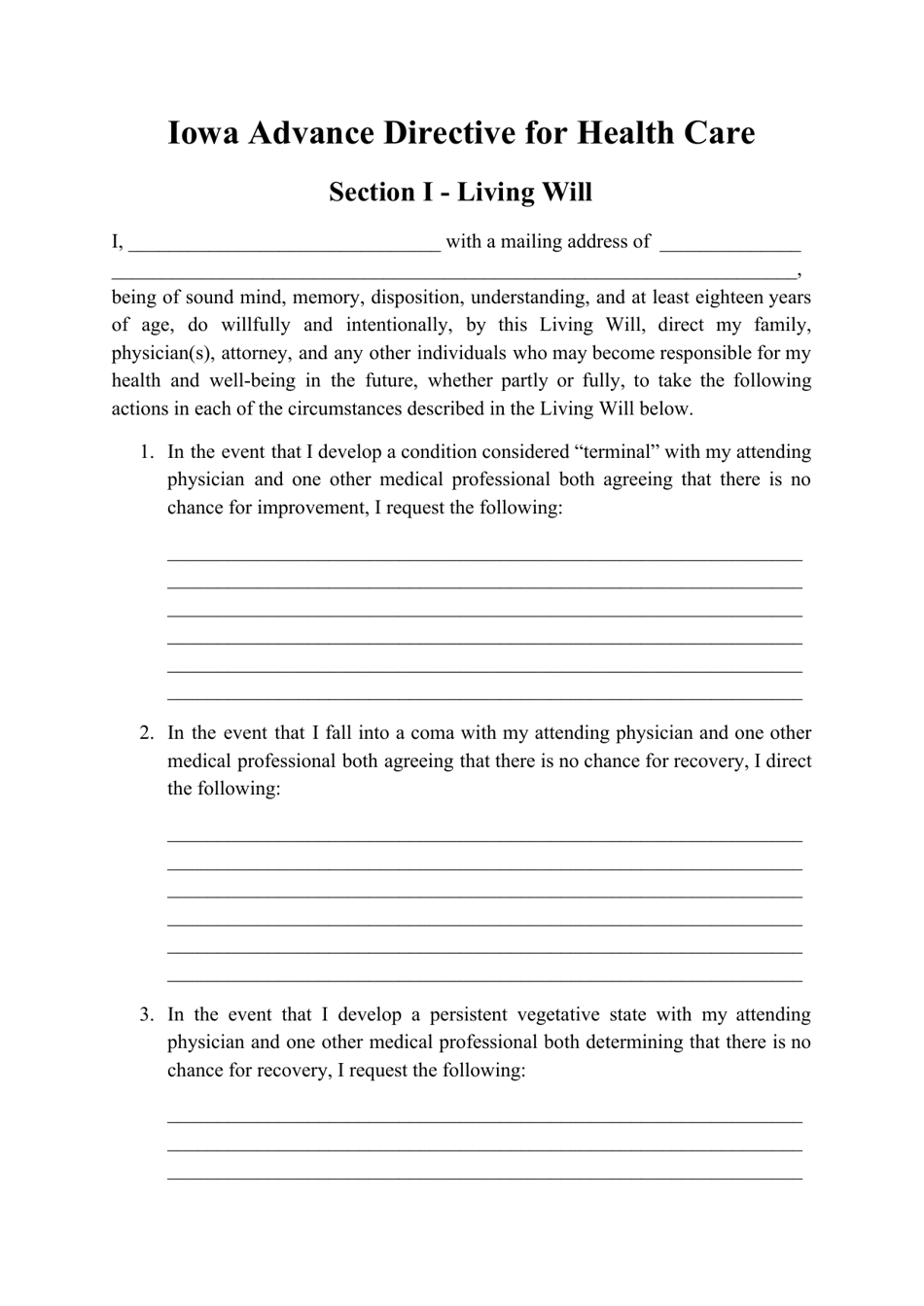 Advance Directive for Health Care Form - Iowa, Page 1