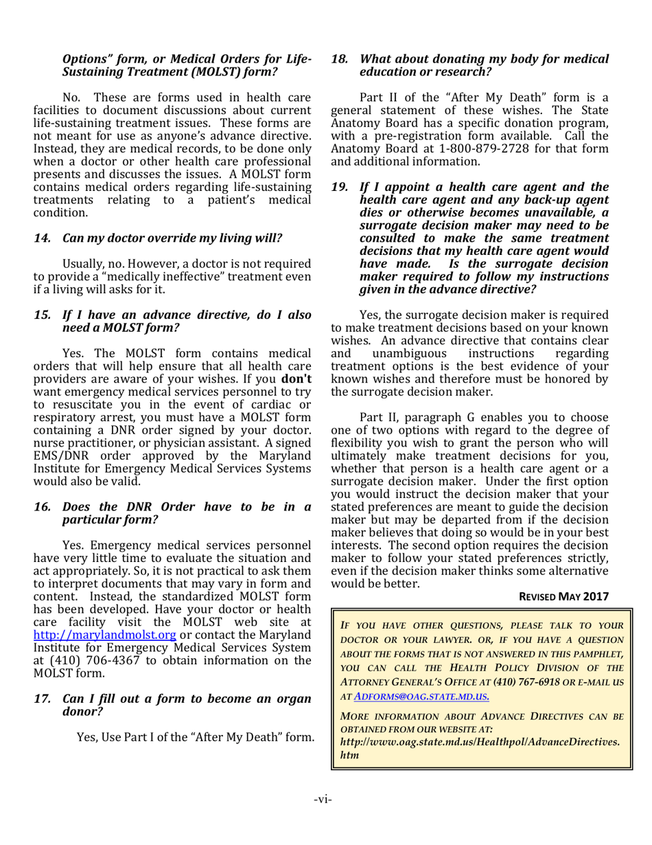 Advance Directive for Health Care Form - Maryland, Page 6