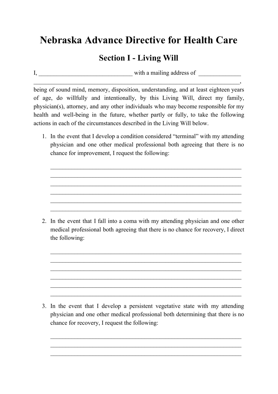 Advance Directive for Health Care Form - Nebraska, Page 1