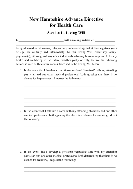 Advance Directive for Health Care Form - New Hampshire Download Pdf