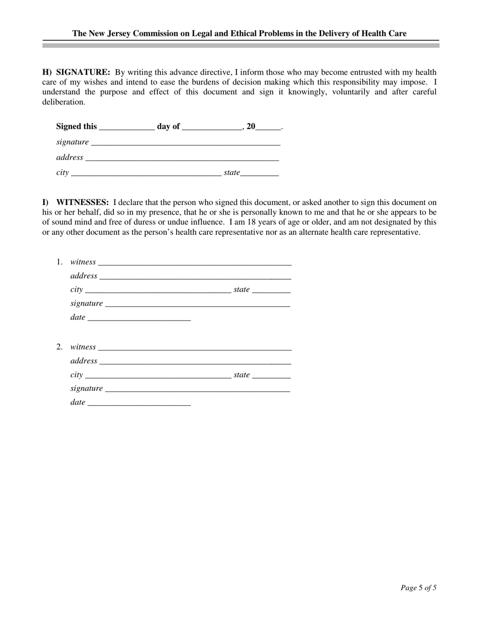 Advance Directive for Health Care Form - New Jersey, Page 5