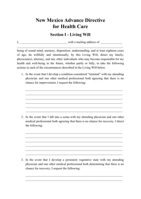 Advance Directive for Health Care Form - New Mexico Download Pdf