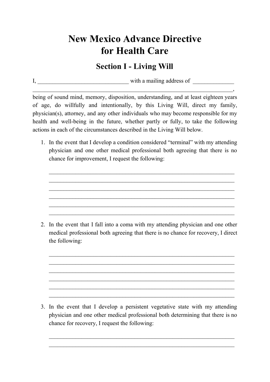 New Mexico Advance Directive for Health Care Form Fill Out, Sign