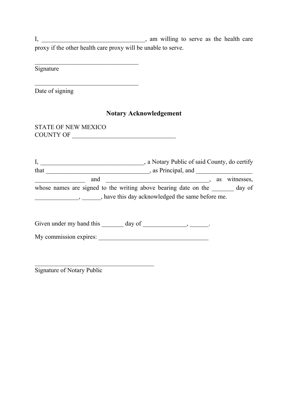 New Mexico Advance Directive for Health Care Form Fill Out, Sign