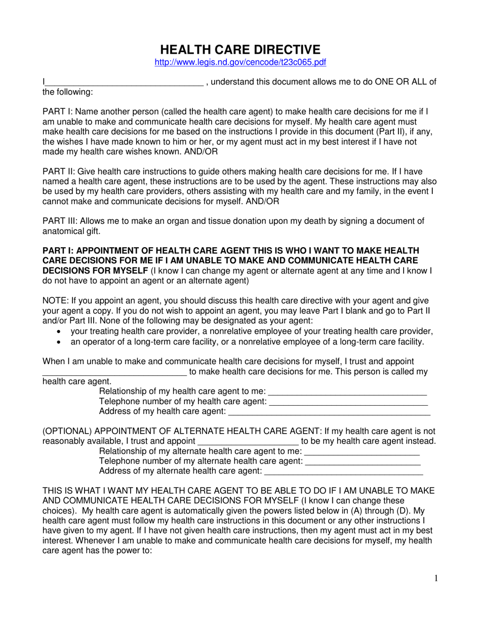 Advance Directive for Health Care Form - North Dakota, Page 1