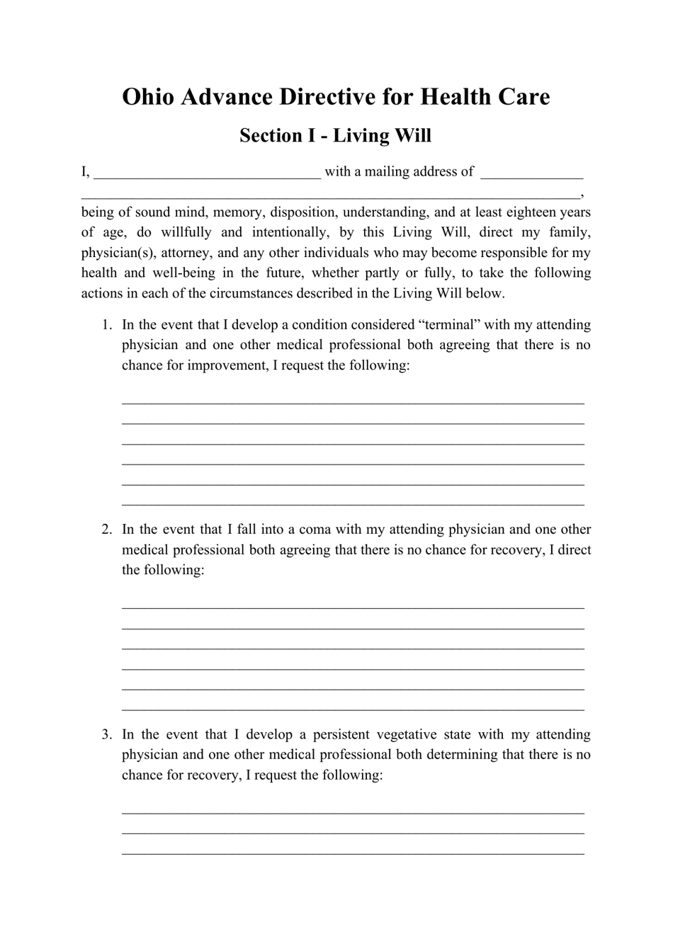 Advance Directive for Health Care Form - Ohio, Page 1
