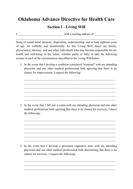 Advance Directive for Health Care Form - Oklahoma Download Pdf