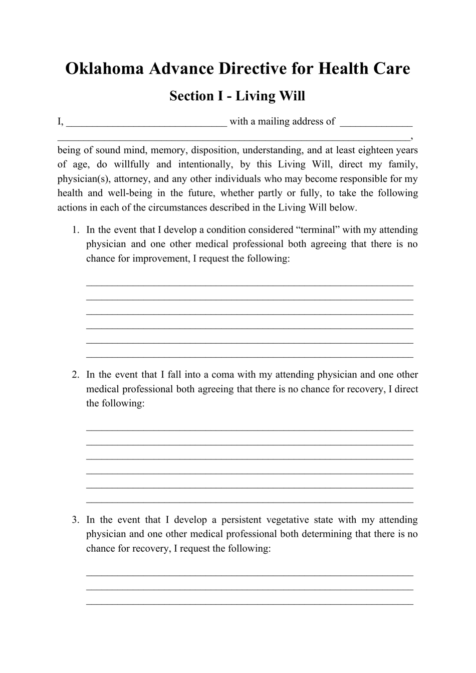 Advance Directive for Health Care Form - Oklahoma, Page 1