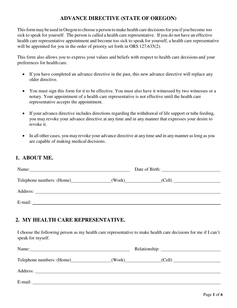 Advance Directive for Health Care Form - Oregon, Page 1