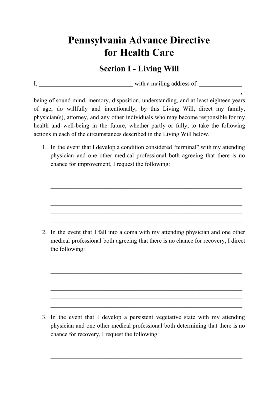 Pennsylvania Advance Directive for Health Care Download Printable