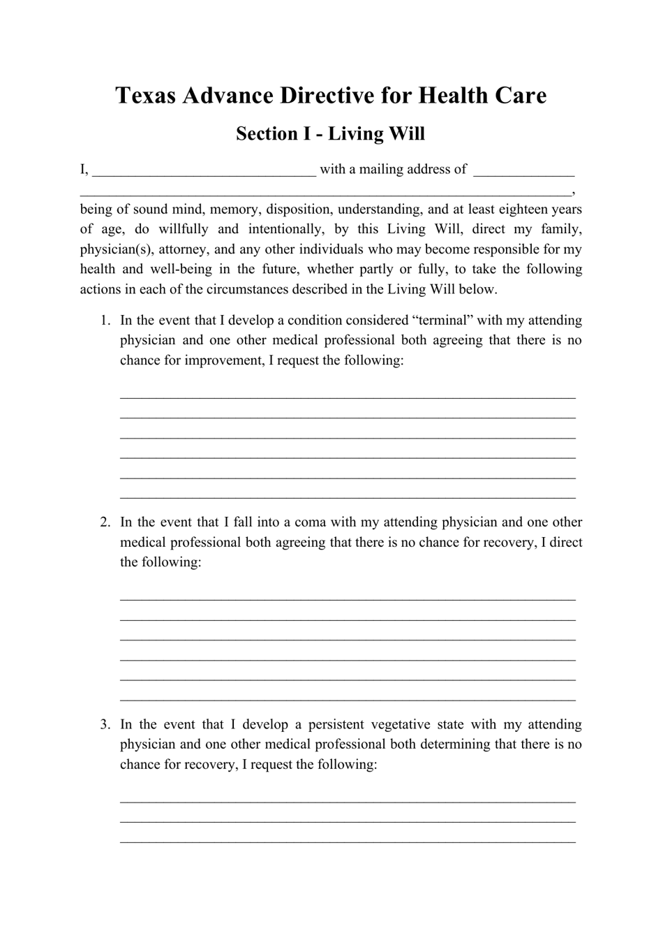 Advance Directive for Health Care Form - Texas, Page 1