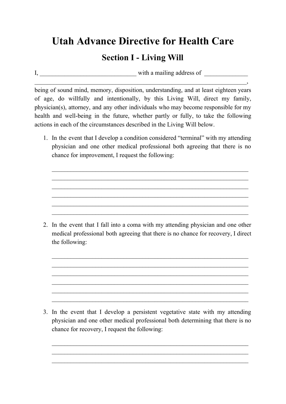 Advance Directive for Health Care Form - Utah, Page 1