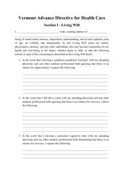 Document preview: Advance Directive for Health Care Form - Vermont
