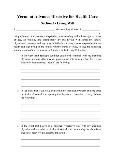 Advance Directive for Health Care Form - Vermont Download Pdf