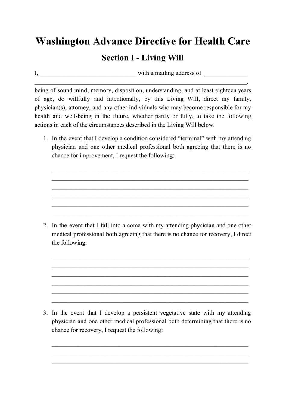 Advance Directive for Health Care Form - Washington, Page 1