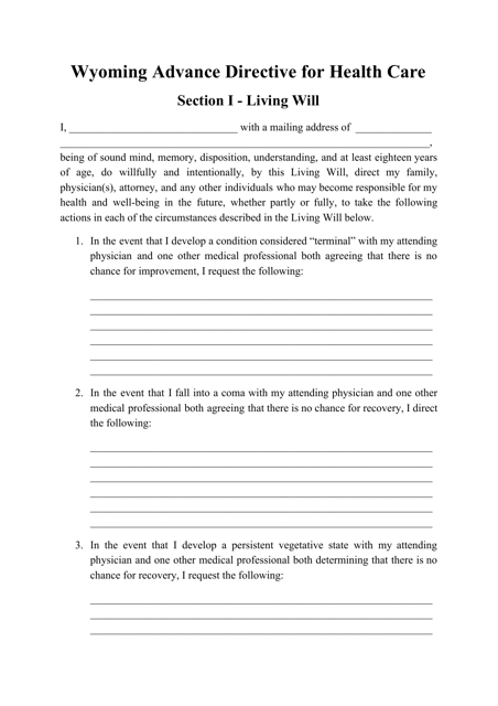 Advance Directive for Health Care Form - Wyoming Download Pdf